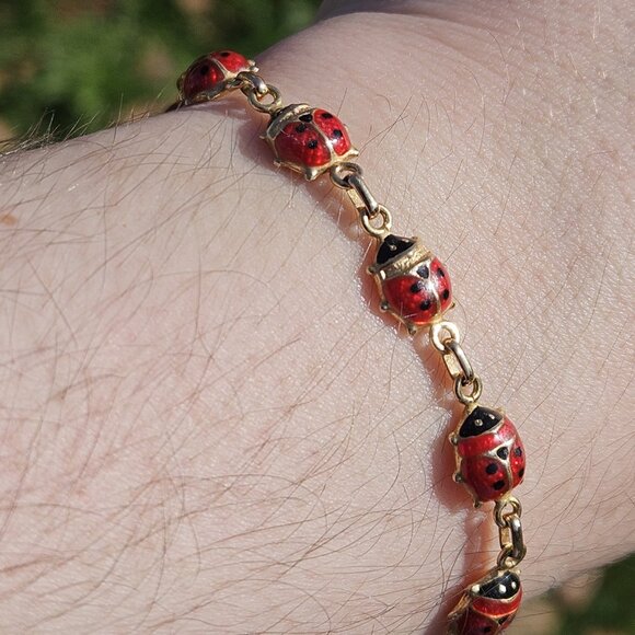 14K Yellow Gold Ladybug Lady Bug Link Bracelet 6.5 Inches - Picture 4 of 14
